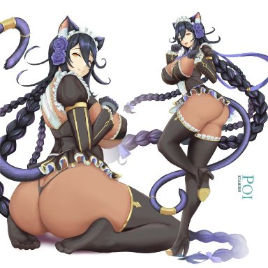 last origin, poi (last origin), etahoin, :3, animal ears, ass, bikini, black bikini, black hair, black panties, black thong, bodysuit under clothes, braid, breasts, cat ears