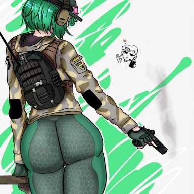 rainbow six siege, ela (rainbow six), ass squeeze, back view, belt, big ass, big butt, big hips, big pussy, big thighs, bottom heavy, bubble ass, bubble butt, bursting butt, cameltoe