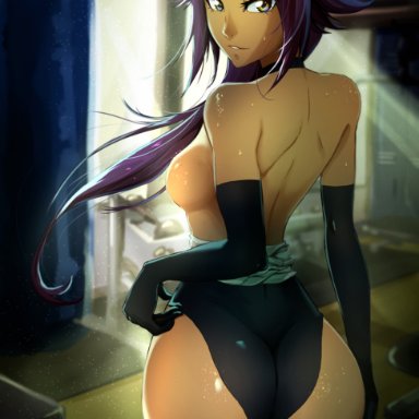bleach, shihouin yoruichi, aboart, 1girls, after exercise, after workout, arm gloves, armwear, ass, backless, backless outfit, big ass, breasts, breasts out, dark-skinned female