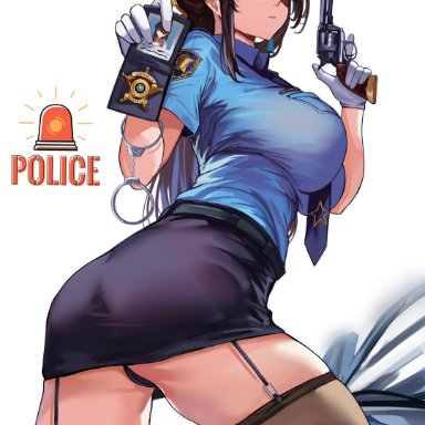 genshin impact, beidou (genshin impact), loooyd, 1girls, ass, badge, black panties, breasts, brown hair, clothed, clothed female, female, female only, garter straps, gun