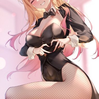 sono bisque doll wa koi wo suru, kitagawa marin, artist request, black stockings, blonde hair, blush, bunny ears, bunny girl, bunnysuit, ear piercing, earrings, happy, heart sign, large breasts, long hair