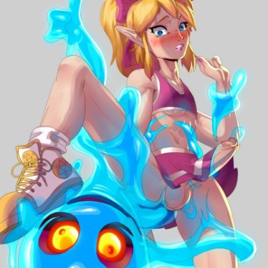 legend of zelda, cheerleader link, chuchu, link, vicioustyrant, anal, blush, cheerleader, crossdressing, embarrassed, femboy, feminization, girly, interspecies, male only