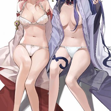 genshin impact, raiden shogun, yae (genshin impact), 2girls, animal ears, bangs, barefoot, black gloves, blush, bow, bow panties, bra, breasts, bright pupils, buri (retty9349)