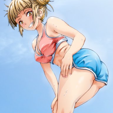 my hero academia, himiko toga, artist request, 1girl, 1girls, ass, bangs, big ass, big breasts, blonde hair, blue background, blush, breasts, cleavage, clenched teeth