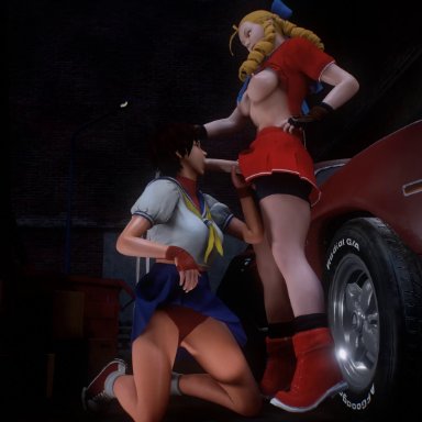 street fighter, virt-a-mate, karin kanzuki, sakura kasugano, 1female, 1futa, 1girl, 1girls, areola slip, blowjob, breasts, breasts out, exposed breasts, fellatio, futa on female