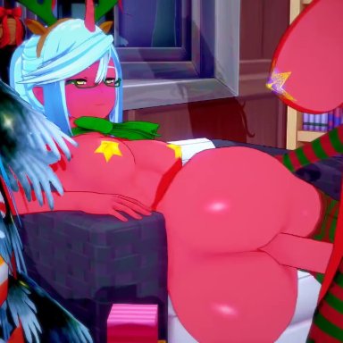 christmas, koikatsu, kneesocks daemon, scanty daemon, miscsfmporn, 1futa, 1girl, 1girls, ass, blue hair, christmas outfit, christmas tree, demon girl, female, futa on female