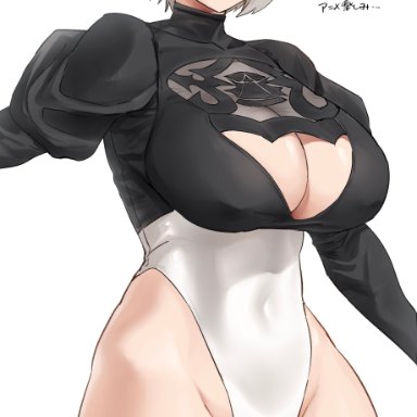 nier, nier: automata, nier (series), square enix, yorha 2b, hotate-chan, 1girls, android, android girl, beauty mark, blindfold, blue eyes, breasts, cleavage, diadem