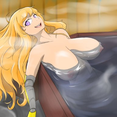 rwby, yang xiao long, enbu, 1girls, areolae, bath, blonde hair, breasts, casual nudity, erect nipples, female, female only, floating breasts, hot spring, huge breasts