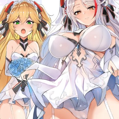 azur lane, admiral hipper (azur lane), prinz eugen (azur lane), luse maonang, red potato rinrin, 2girls, antenna hair, ass, ass visible through thighs, bangs, bare shoulders, bare thighs, barely visible genitalia, blonde hair, blush