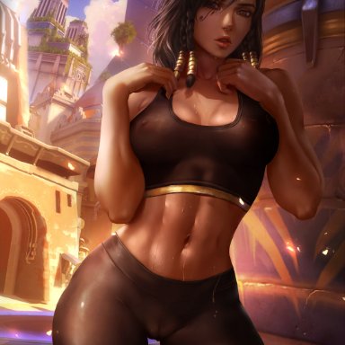 blizzard entertainment, overwatch, pharah, logan cure, abs, bike shorts, breasts, cameltoe, cleavage, crop top, dark-skinned female, dark skin, female, female only, looking at viewer