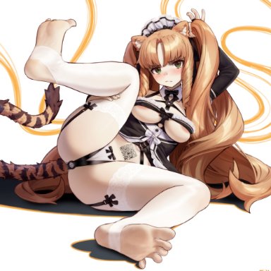arknights, swire (arknights), songchuan li, alternate costume, animal ear fluff, animal ears, areola slip, areolae, arm behind back, arm behind head, arms up, ass, bangs, black bow, black bowtie