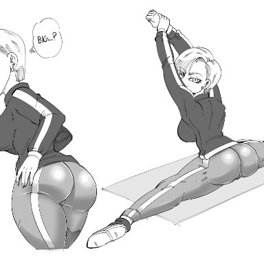 dragon ball, android 18, funsexydragonball, 1girls, ass, big ass, black and white drawing, bubble butt, clothed, dat ass, earrings, female, female focus, female only, looking back