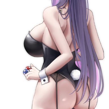 original, yuna (biya), biya, animal ears, ass, back tattoo, bangs, bare shoulders, black legwear, black leotard, blue eyes, blush, breasts, bunny ears, bunny tail