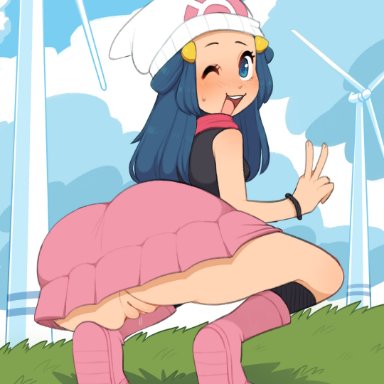 nintendo, pokemon, pokemon dppt, dawn (pokemon), sataenart, 1girls, ass, big ass, big butt, blue eyes, blue hair, blush, breasts, eye contact, female