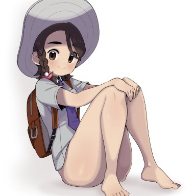 nintendo, pokemon, pokemon sv, female protagonist (pokemon sv), niucniuc, 1girls, ass, bottomless, braided hair, brown eyes, brown hair, eye contact, female focus, female only, hat