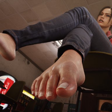 resident evil, resident evil 2, resident evil 2 remake, claire redfield, solidsnack, barefoot, clothed, feet, female, female only, foot fetish, foot focus, foot pov, looking at viewer, solo female