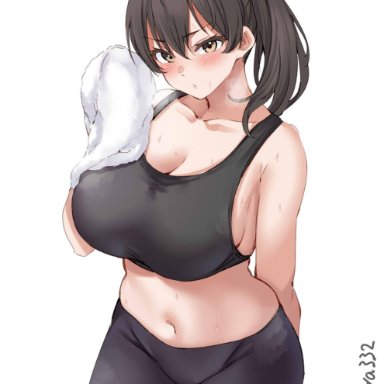 kantai collection, kaga (kantai collection), ebifurya, alternate costume, black sports bra, blush, breasts, brown eyes, brown hair, cleavage, closed mouth, collarbone, cowboy shot, eyebrows visible through hair, female