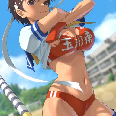 street fighter, street fighter zero (series), kasugano sakura, bangs, blue sailor collar, breasts, brown eyes, brown hair, buruma, clothes lift, female, fingerless gloves, gloves, headband, kyakkun