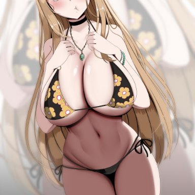 sono bisque doll wa koi wo suru, kitagawa marin, astraea (atelierastraea), 1girls, bikini, black bikini, blonde hair, blush, breasts, female, female only, flower pattern, gyaru, hips, huge breasts