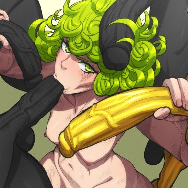 one-punch man, black sperm, golden sperm, tatsumaki, kameseru, 1girls, 4boys, :&gt;=, apple green, black skin, curled hair, fellatio, female, green eyes, green hair