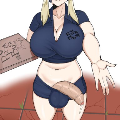 fate (series), artoria pendragon (alter), gaikiken, 1futa, balls, big breasts, blonde hair, bodily fluids, breasts, cleavage, clothed, clothing, collarbone, crop top, delivery (commerce)