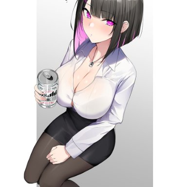 original, yuuki mama, yuuki nanase (red potato rinrin), luse maonang, red potato rinrin, 1girls, bangs, beer can, black footwear, black hair, black legwear, black skirt, blush, bra visible through clothes, breasts