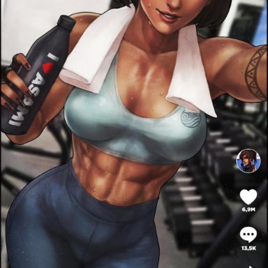 the legend of korra, tiktok, korra, monorirogue, 1girls, abs, after workout, athletic, big breasts, blue eyes, brown hair, dark-skinned female, dark skin, female, female only