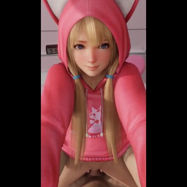 dead or alive, dead or alive 5, marie rose, lazyprocrastinator, satella did nothing wrong, 1boy, 1girl, blonde hair, blue eyes, bottomless, clothed sex, female, hetero, hoodie, light-skinned female