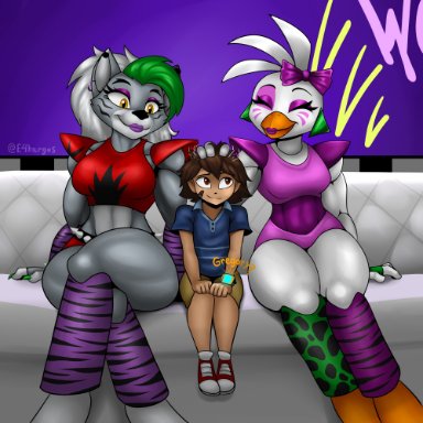 five nights at freddy's, glamrock chica (fnaf), gregory (fnaf), roxanne wolf (fnaf), e4hargus, 1boy, 1boy2girls, 2girls, 2girls1boy, abs, animatronic, beak, biceps, bow, bowtie