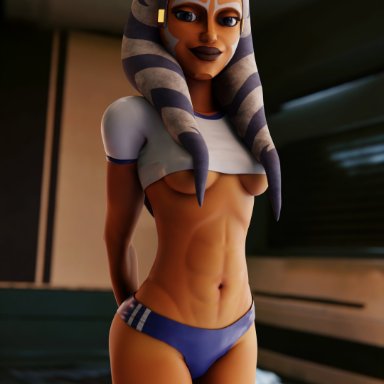 star wars, ahsoka tano, togruta, gladionanimated, 1girls, abs, alien, alien girl, alternate costume, ass, athletic female, blue eyes, eye contact, fit, fit female