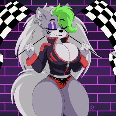 five nights at freddy's, scottgames, roxanne wolf (fnaf), nrac, 1girl, 1girls, big breasts, canid, canid humanoid, canine, cleavage, closed eyes, earrings, female, female focus
