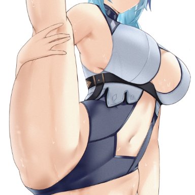 genshin impact, eula (genshin impact), nvl, 1girls, bangs, bare shoulders, black hairband, black leotard, blue hair, blush, breasts, center opening, closed mouth, crotch, female