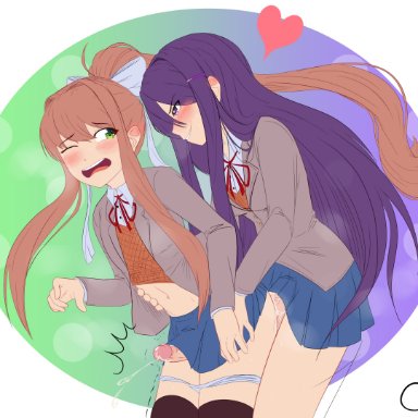 doki doki literature club, yuri (doki doki literature club), cabronpr, 1boy, 1futa, anal, big penis, blush, breasts, brown hair, clothed, clothing, cum, cum in ass, cum while penetrated