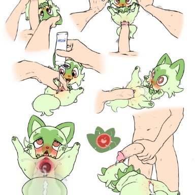 nintendo, pokemon, pok&#233;mon (species), sprigatito, forurune, &lt;3 eyes, ahe gao, anus, balls, blep, blush, bodily fluids, cervix, cheek tuft, chest tuft