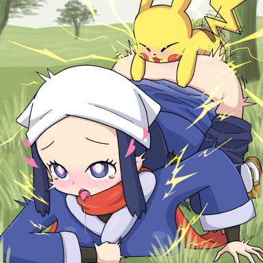 nintendo, pokemon, pokemon legends: arceus, pokemon rgby, akari (pokemon), pikachu, erokeikaku, 1boy, 1girls, ahe gao, ass, ass up, big breasts, blue eyes, blue hair