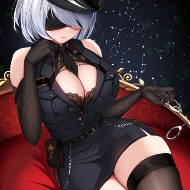 nier: automata, nier (series), square enix, yorha 2b, damao yu, 1girls, android, android girl, blindfold, breasts, cleavage, female, female only, handcuffs, hat