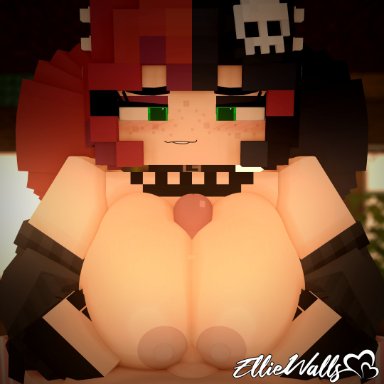 minecraft, ellie walls, odyssey-ellie (artist), 1boy, 1boy1girl, 1girls, adult, bitch, black and red hair, boobjob, boots, breasts, embrace, erect penis, erection