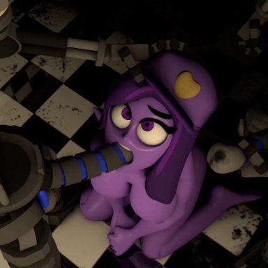 five nights at freddy's, fnaf, endo, purple girl, purple guy, purple guy (fnaf), wendy afton, nightbotgrey, 1girls, 2boys, areola, blowjob, endo (fnaf), face fucking, large ass