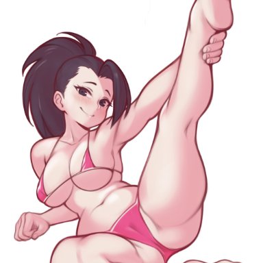 my hero academia, momo yaoyorozu, lentiyay, 1girls, ass, ass visible through thighs, bangs, bikini, black eyes, black hair, blush, breasts, cameltoe, feet, holding leg