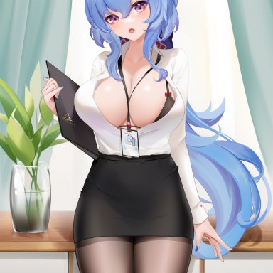 genshin impact, ganyu (genshin impact), liu liaoliao, 1girls, ahoge, arm at side, bangs, black bra, black skirt, blue hair, blue nails, blush, bra, breasts, brown legwear