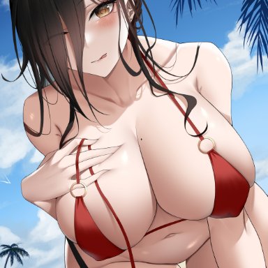 azur lane, friedrich der grosse (azur lane), larger bmx, all fours, ball, beach, beach umbrella, beachball, bikini, bird, black hair, blue sky, blush, bracelet, breasts