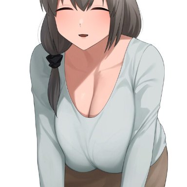 uzaki-chan wa asobitai!, uzaki tsuki, closed eyes, huge breasts, milf, silver hair, solo, solo female, tagme