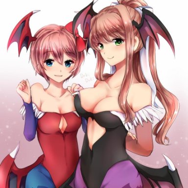 darkstalkers, doki doki literature club, vampire (game), lilith aensland (cosplay), morrigan aensland (cosplay), 2girls, black leotard, blue eyes, blue stockings, breasts, brown, demon, demon girl, demon horns, duo