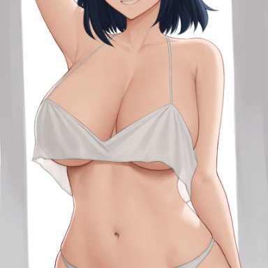 kill la kill, matoi ryuuko, zaphn, 1girls, arm behind head, arm up, armpits, belly button, black hair, blue eyes, breasts, female, female only, highlights, hips