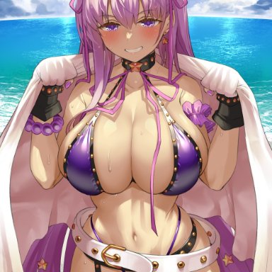 fate/extra ccc, fate/grand order, fate (series), bb (fate), bb (swimsuit mooncancer), uo denim, 1girls, beach, belt, bikini, blue sky, breasts, cleavage, female, female only