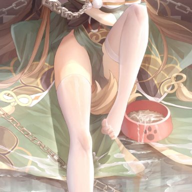 genshin impact, hina (genshin impact), bkyuuc, animal ears, bare shoulders, black gloves, blush, bowl, breasts, brown hair, cage, chain leash, chains, chinese commentary, cleavage