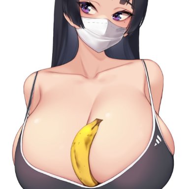 original, original character, kuavera, 1girls, arms behind back, banana, beauty mark, black hair, black swimsuit, breasts, cleavage, competition swimsuit, female, female only, food