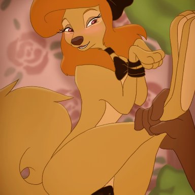 dixie (fox and the hound), itomic, paloma-paloma, animal genitalia, animal pussy, bed, bodily fluids, bound, bow tie, brown body, brown eyes, brown fur, canid, canine, canine pussy