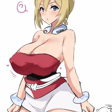 pokemon, pokemon legends: arceus, irida (pokemon), bolobolo, 1girls, alternate breast size, big breasts, blonde hair, blue eyes, breasts, clothed, clothed female, clothing, curvy, curvy female