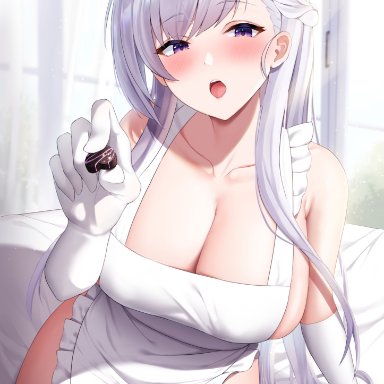 azur lane, valentine, belfast (azur lane), futon fly away, 1girls, :o, apron, bangs, blush, breasts, candy, chocolate, cleavage, collarbone, elbow gloves